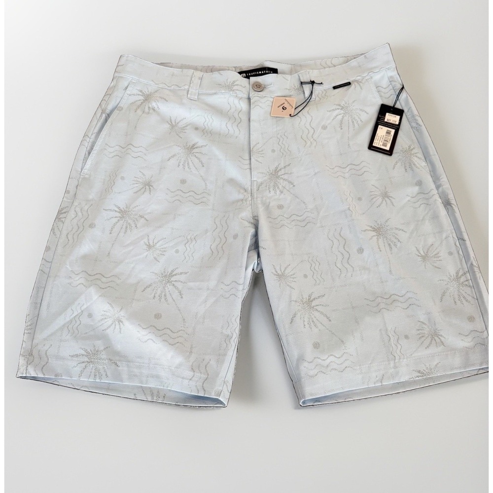 Travis Mathew River Surfing Shorts Size 36 Dream Blue Palm Print 9" Inseam NWT